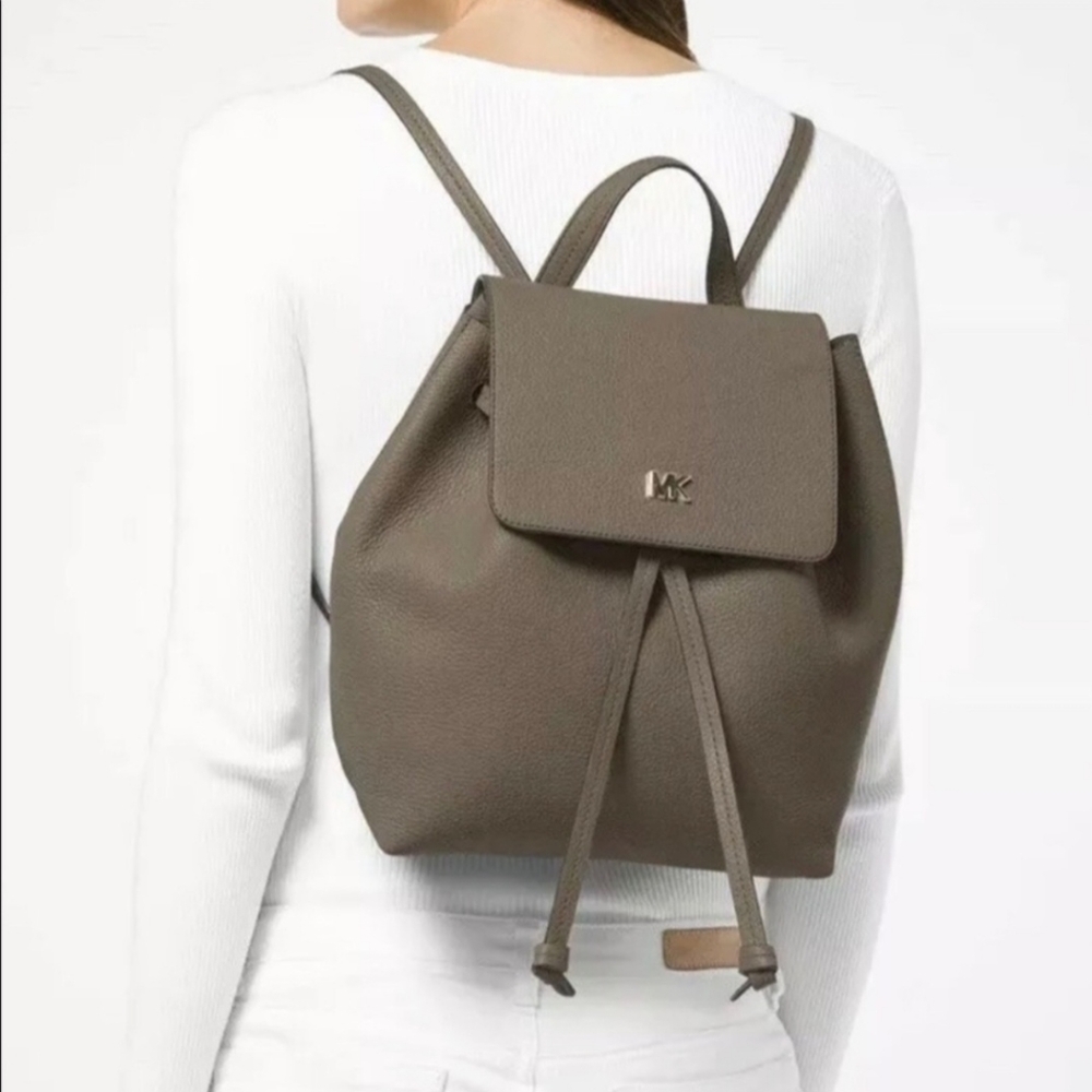Michael Kors Junie Pebbled Leather Backpack Taupe Mushroom Brown Flap Bag Suede